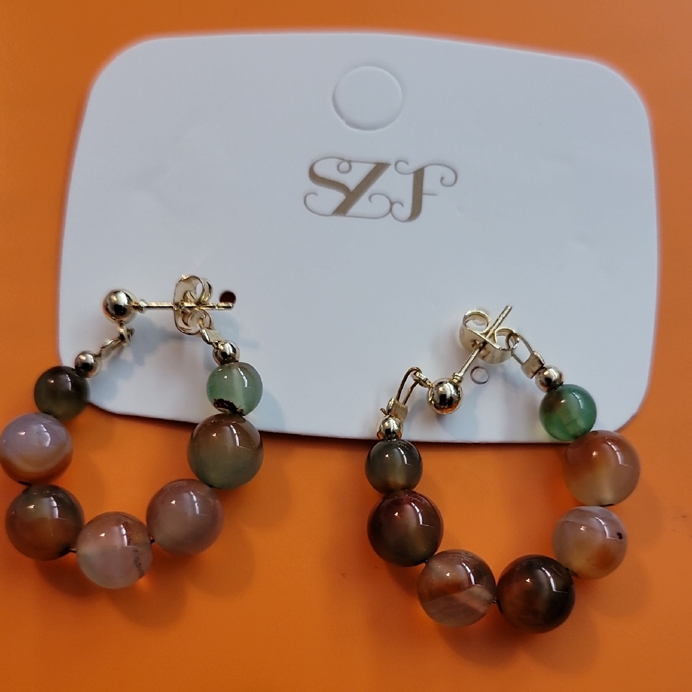 Gold and Brown Beaded Hoop Earrings